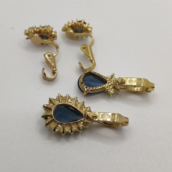 Vintage Blue Rhinestone Crystal Drop Pendants And Clip Earring Set By Roman - Picture 2 of 2